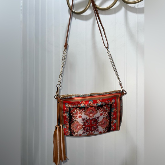 Chico's Handbags - Chico's Orange Multi Colorful Crossbody Bag with Chain Strap and tassels